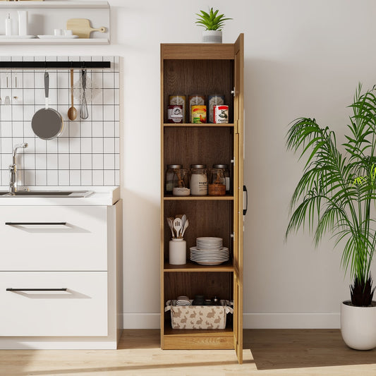 The tall four-tier storage cabinet is shown with its door open, revealing shelves stocked with jars and plates