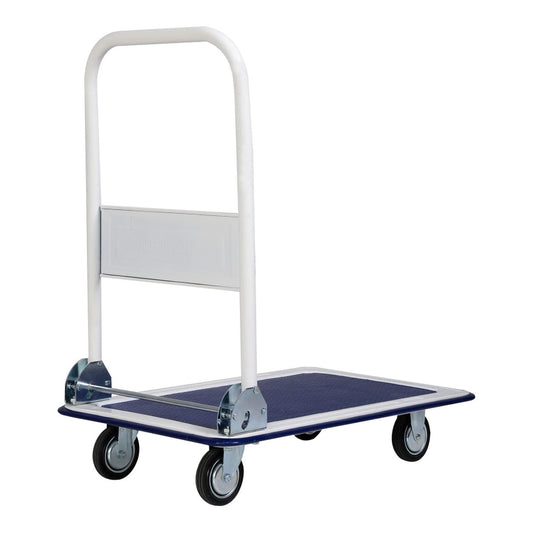 The folding platform cart dolly with its handle upright and platform flat