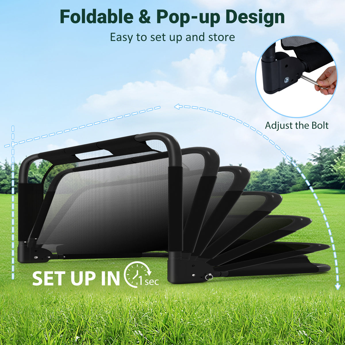 Diagram showing the foldable and pop-up design of the soccer goal