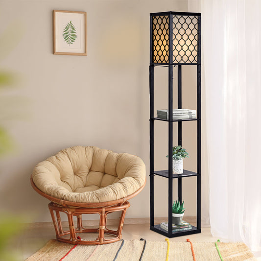 The lighting unit placed next to a round wicker chair in a bright living room setting