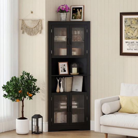 The corner cabinet placed in a living room next to a sofa and a potted orange tree