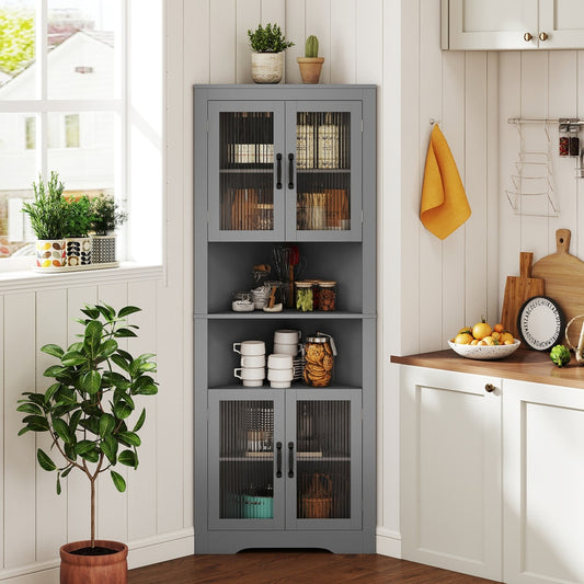 Grey corner cabinet with glass doors in a kitchen setting
