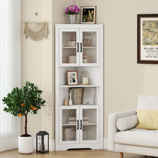 The white corner cabinet placed in a living room corner with decor on the shelves