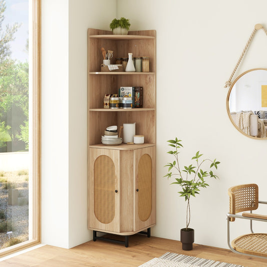 the corner cabinet placed in a bright living room next to a mirror and a small plant