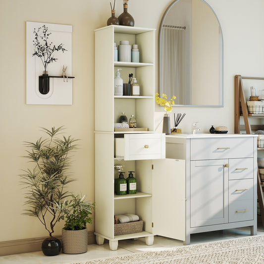 White bathroom cabinet with drawer and door open showing shelves