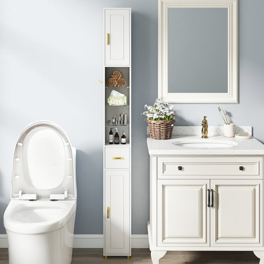 This tall narrow bathroom cabinet is shown next to a toilet in a bathroom setting