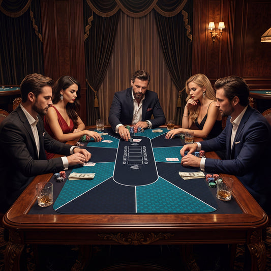The game mat laid out on a wooden table with people playing cards in a formal room
