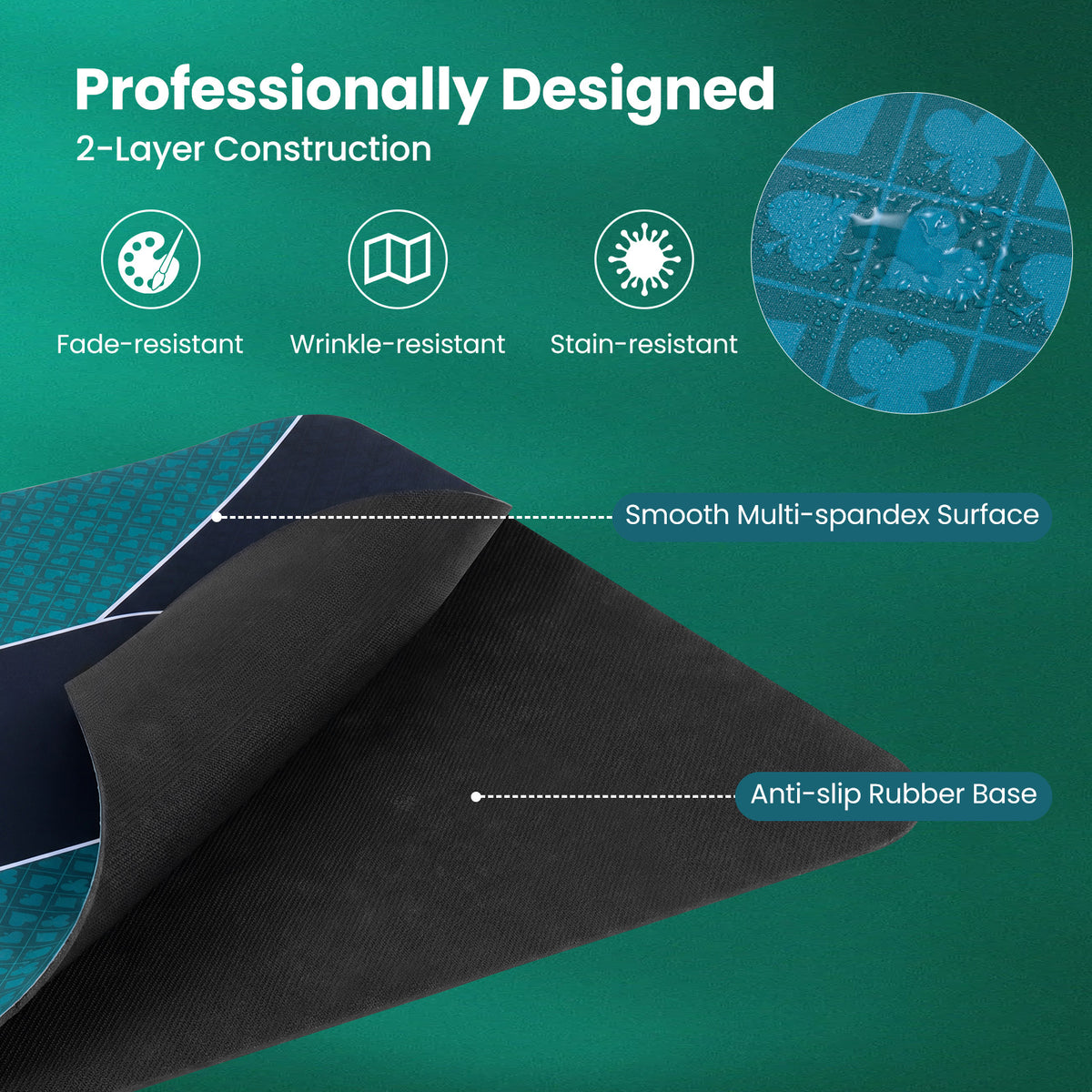 The game mat layers showing the smooth top surface and the anti-slip rubber base