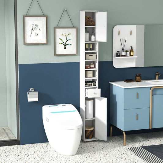 The tall white floor cabinet shown in a bathroom next to a toilet and sink