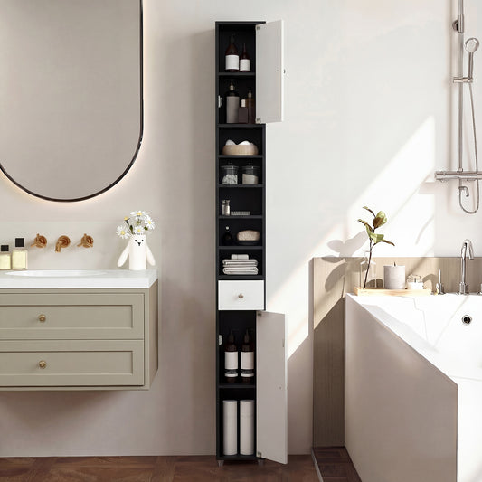 The floor cabinet placed in a modern bathroom next to a white bathtub