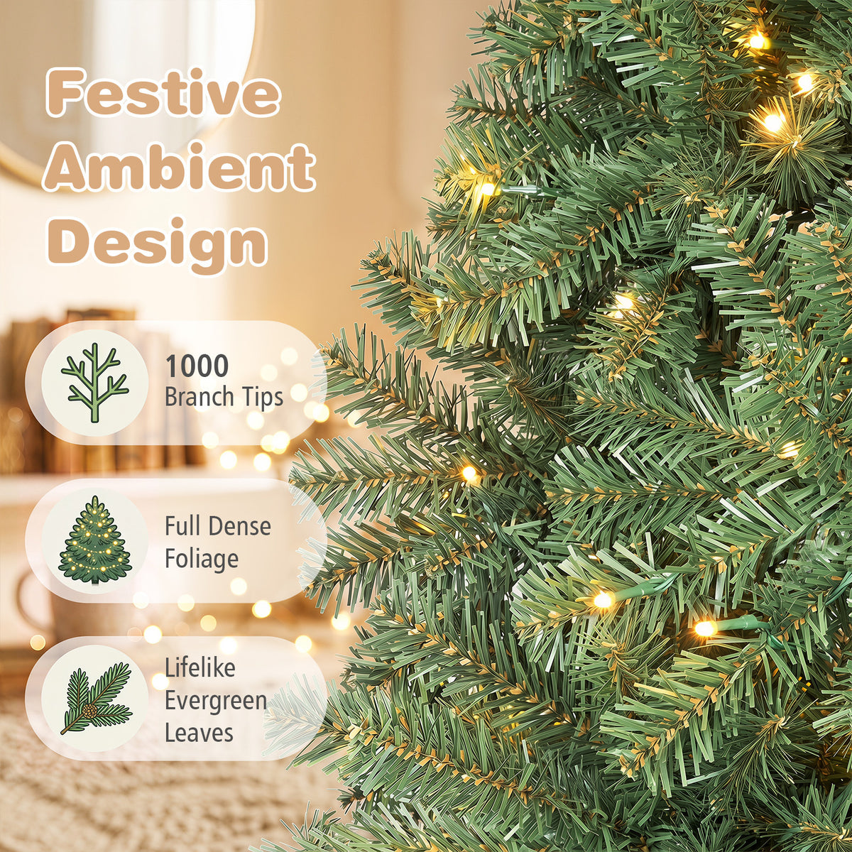 183 cm Artificial Christmas Tree with Branch Tips and LED Lights for Indoor