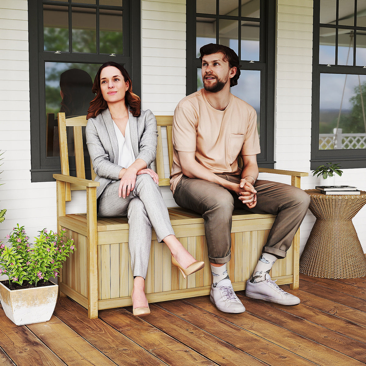 185L Patio Storage Bench Solid Wood Storage Loveseat with Backrest and Armrests-Natural