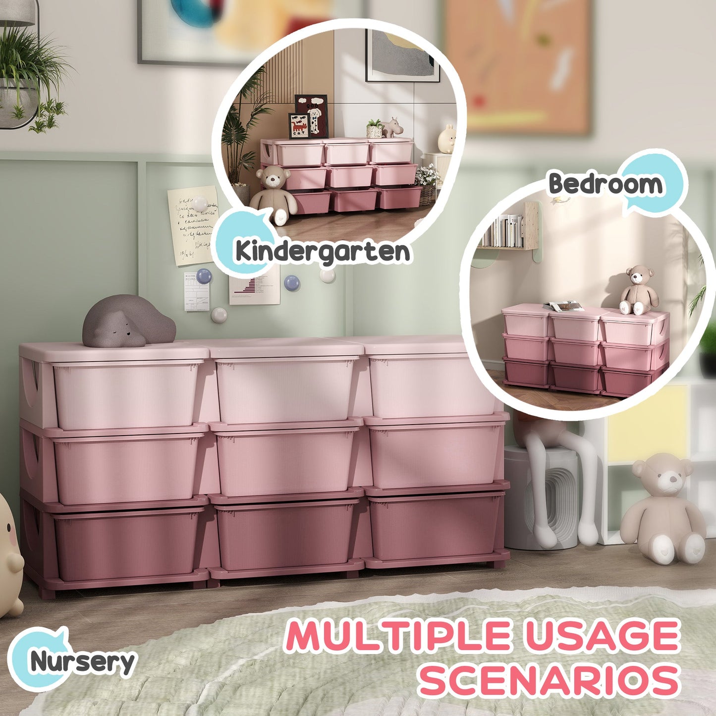 HOMCOM Kids Storage Unit, with Nine Drawers - Pink