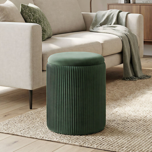 HOMCOM Storage Ottoman مسند قدم دائري عصري مخملي لغرفة المعيشة وغرفة النوم 45 سم أخضر داكن