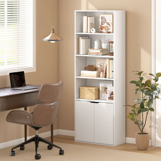 HOMCOM 6-Tier Tall Bookcase, Bookshelf with 4 Open Shelves and Double Door Storage Cabinet, Freestanding Display Rack for Living Room, Bedroom, Home Office, Study, 59 x 29 x 180cm, White