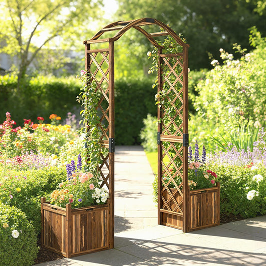 Outsunny Wooden Garden Arch with 2 Planter Boxes in a Carbonised Finish