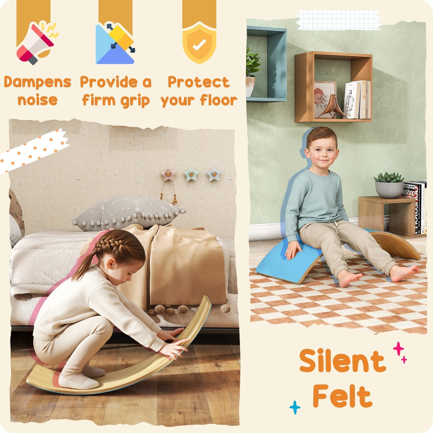 AIYAPLAY Wooden Balance Board for Kids, Wobble Board with Silent Felt for Sensory Play, Blue