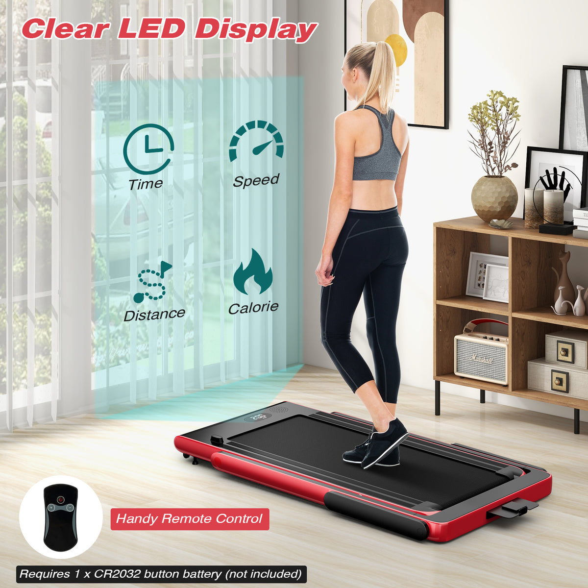 A red treadmill with a clear LED display showing time speed distance and calories