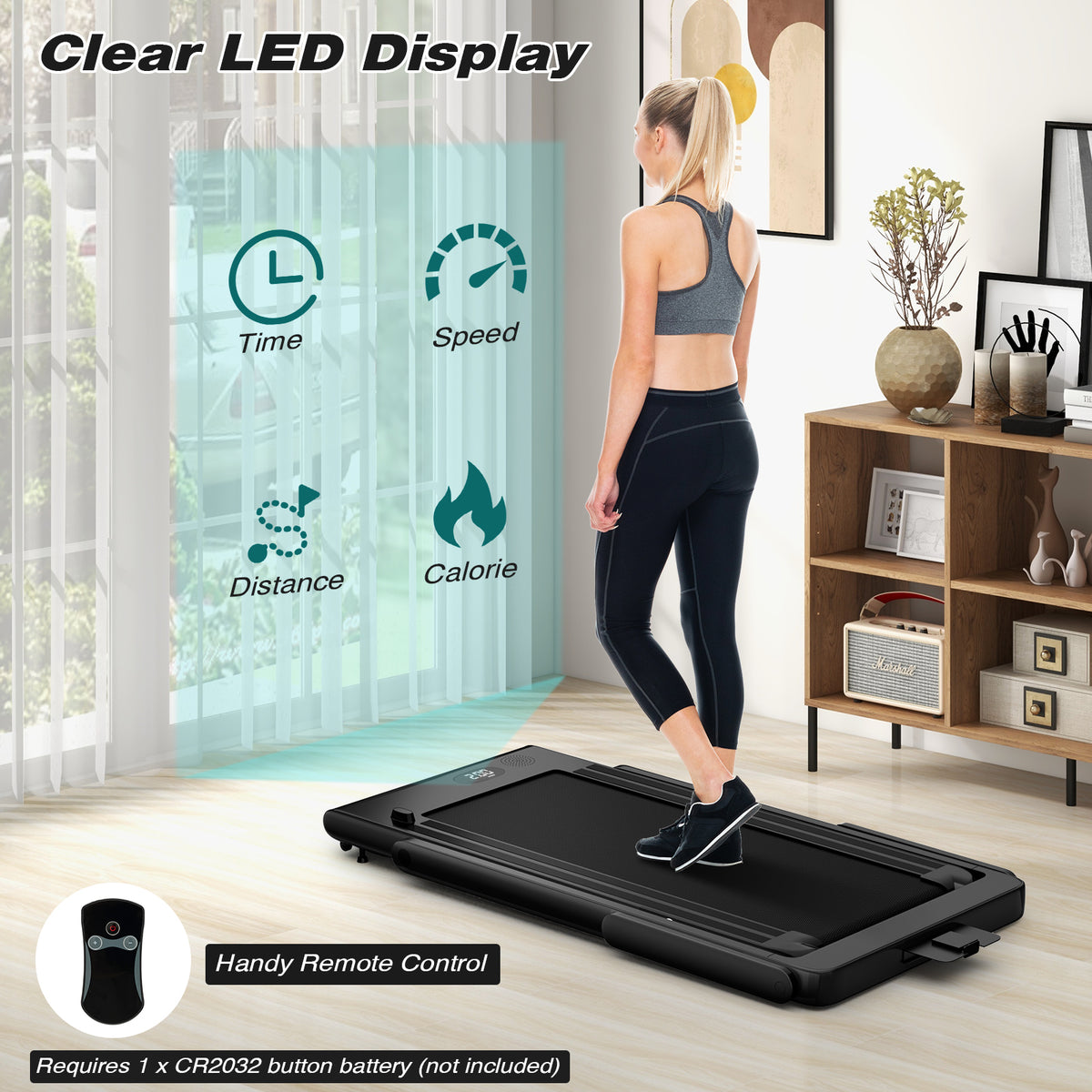the flat walking pad with a remote control and an overlay showing led display metrics