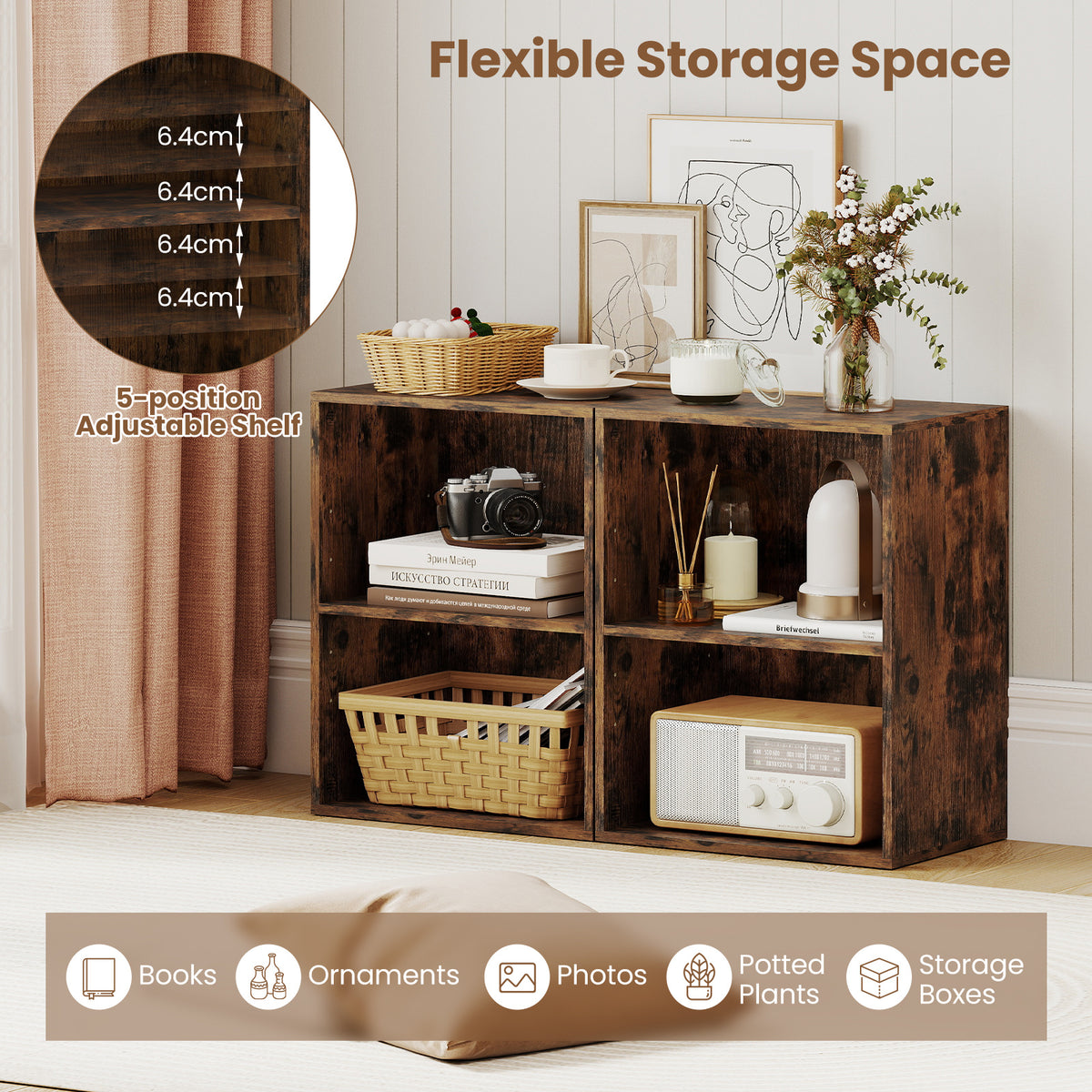 2-Cube Bookcase Floor Standing Open Bookshelf with 5-Position Adjustable Shelf-Rustic Brown