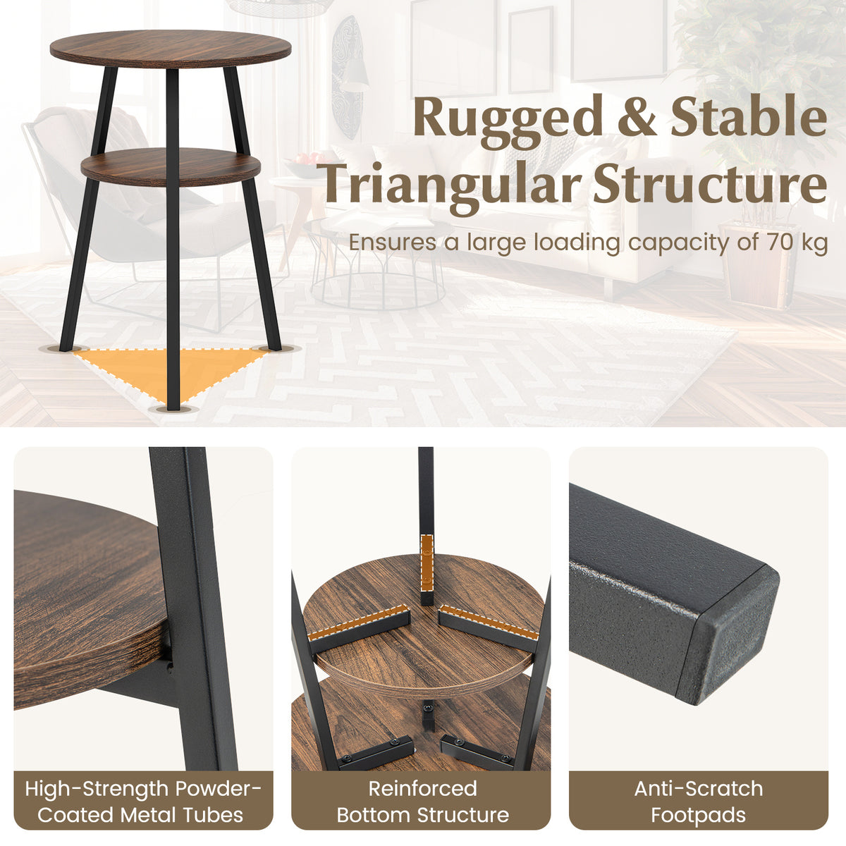 2 Pack 2-Tier Wooden Round Side Table with Storage Shelf-Brown
