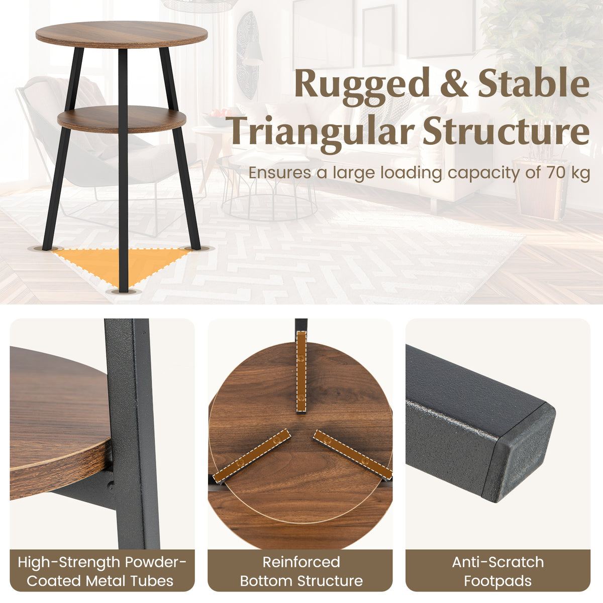 2 Pack 2-Tier Wooden Round Side Table with Storage Shelf-Walnut