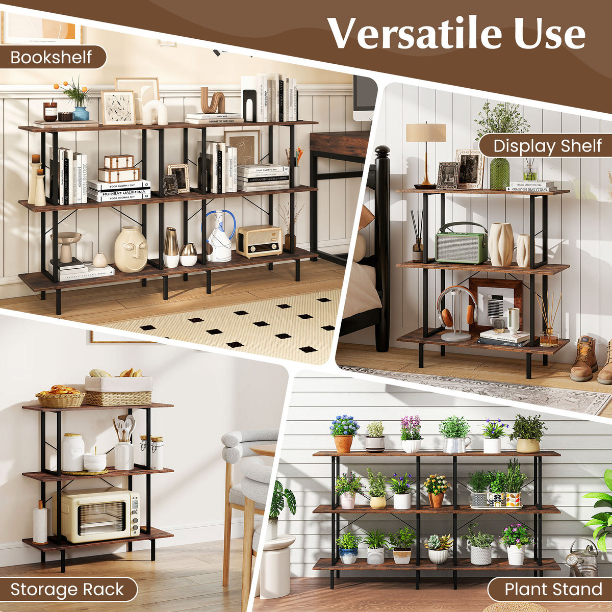 2-Pack 3-Tier Industrial Bookshelf with Open Shelves for Living Room Study-Rustic Brown