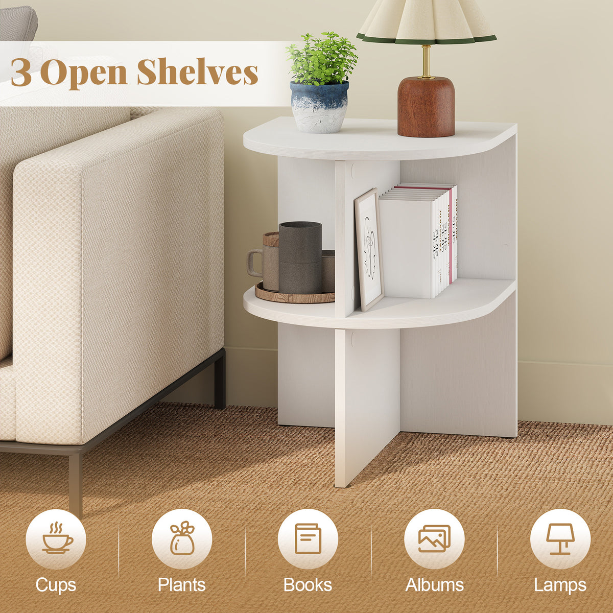 2 Pack Half Round End Table 2-Tier Half Moon Side Table with Open Shelves-White
