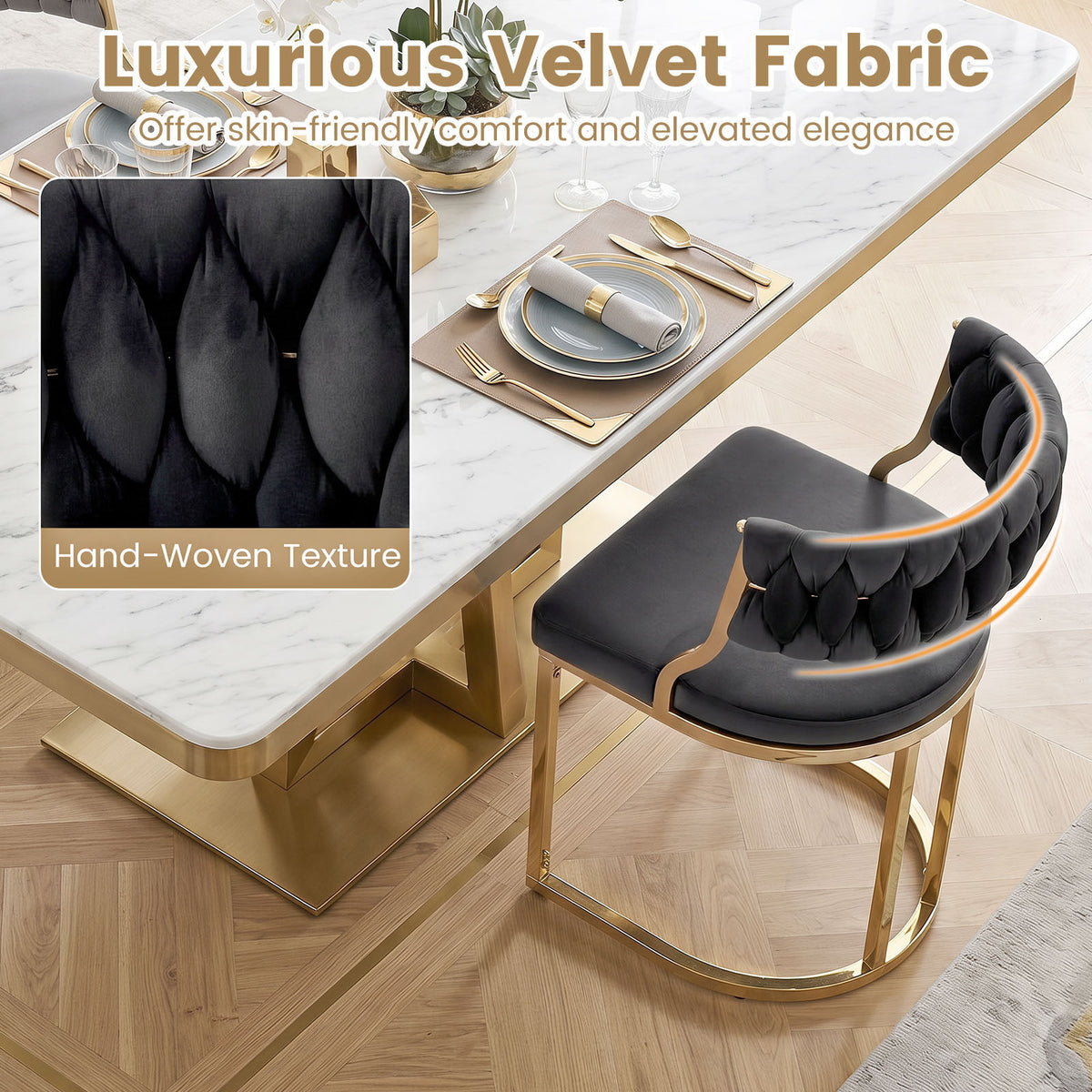 2 Pieces Velvet Dining Chairs with Curved Back and Metal Base-Black