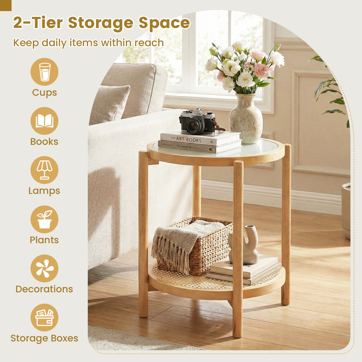 2-Tier Boho End Table with Tempered Glass Top for Living Room-Natural