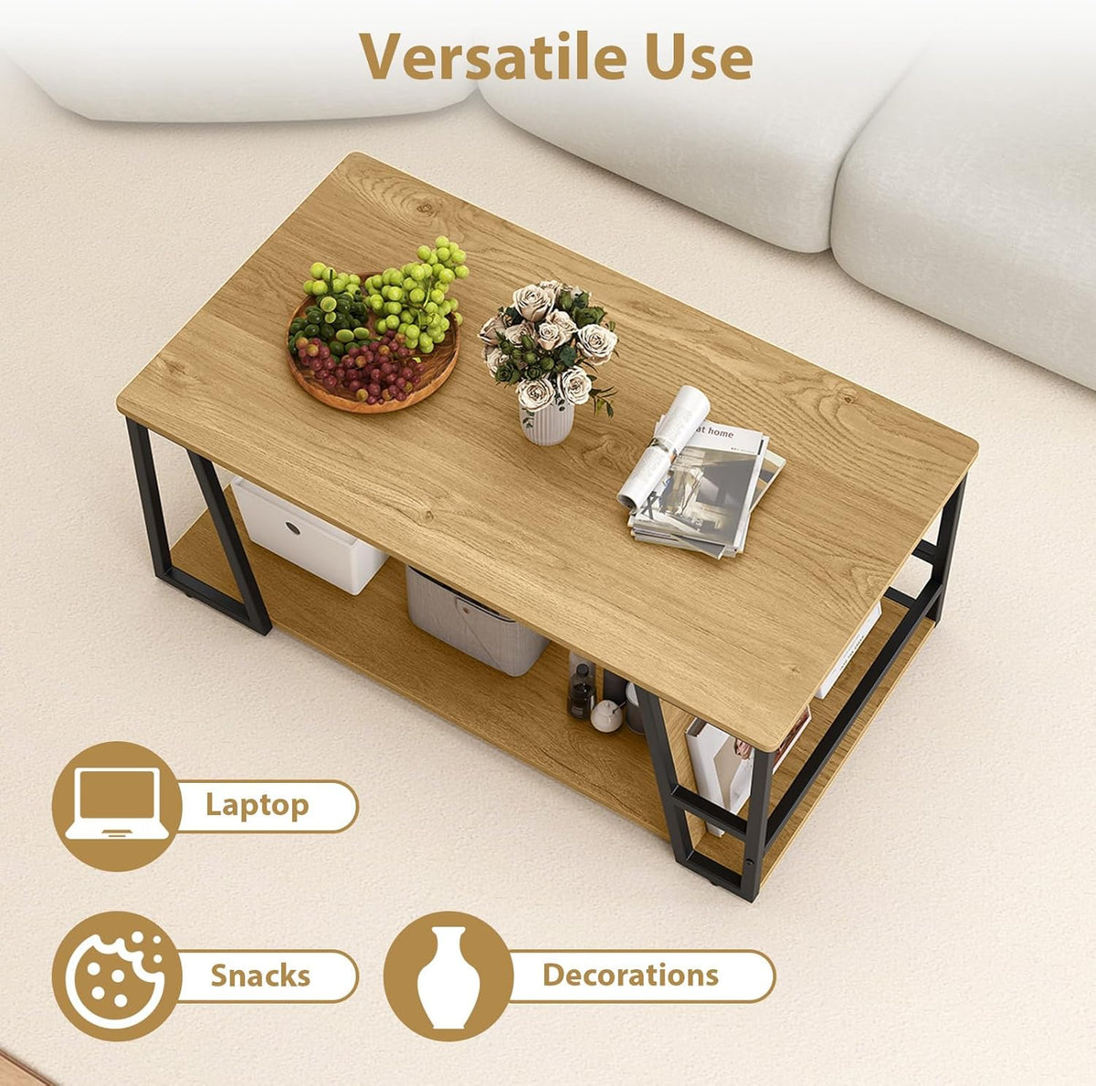 2-Tier Coffee Table with Storage Shelf and Open Compartment-Natural