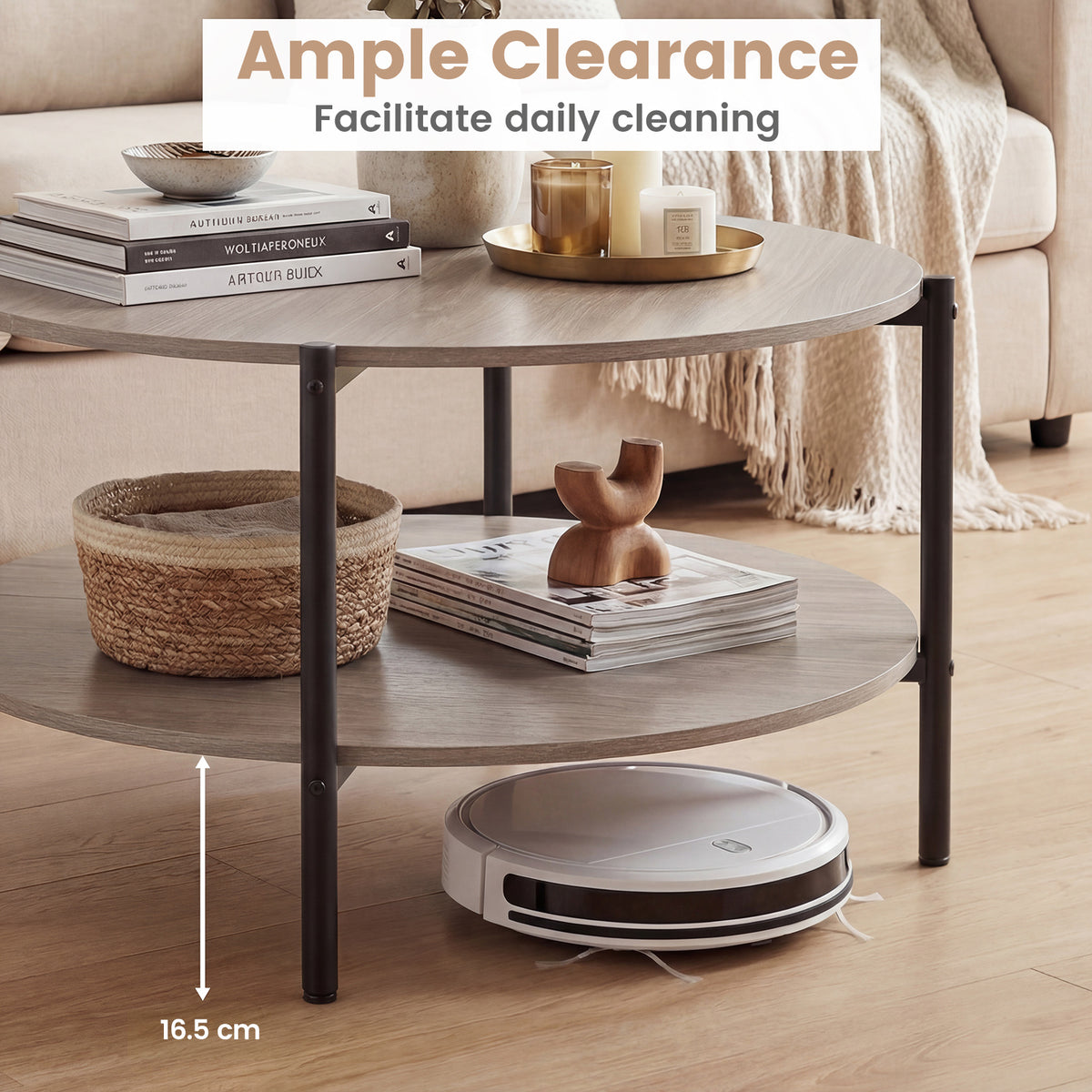 2-Tier Industrial Round Coffee Table with Open Storage Shelf-Grey