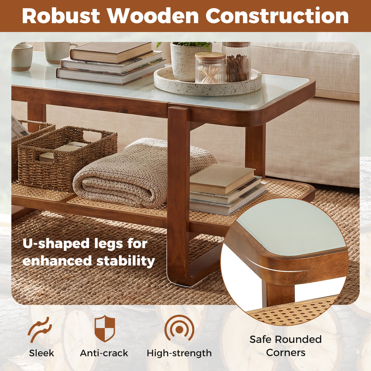 2-Tier Rectangular Center Table with Frosted Tempered Glass Top and Storage Shelf-Walnut