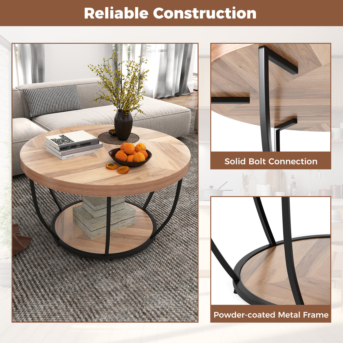 2-Tier Round Coffee Table with Storage Metal Frame Tea Cocktail Table-Natural Colour