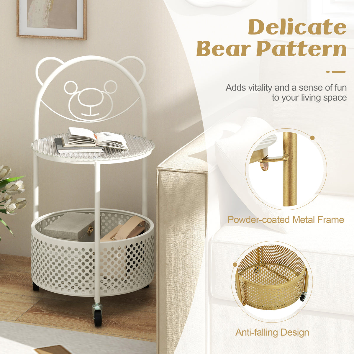 2-Tier Mobile Glass Coffee Table with Bear Pattern and Storage Basket-White