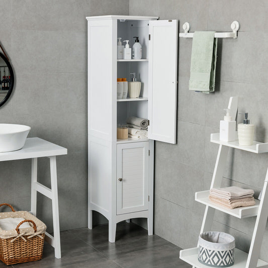 the floor cabinet with top door open showing toiletries on shelves in a bathroom