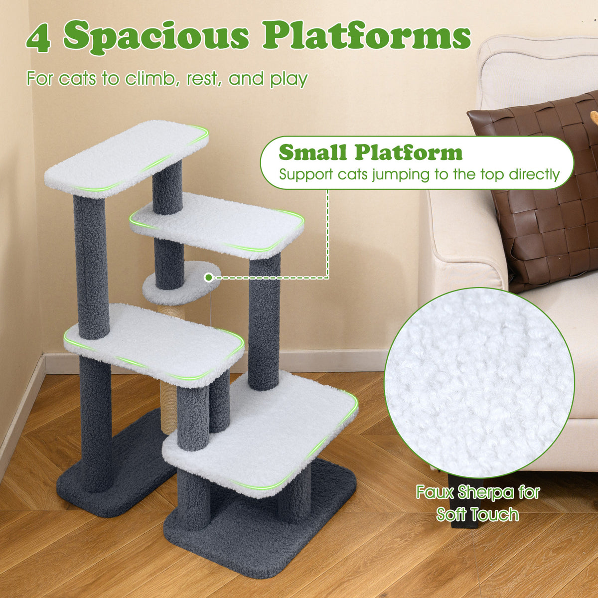 2-in-1 Cat Tree Tower Pet Steps with Sisal Scratching Post 3 Large Platforms-Grey