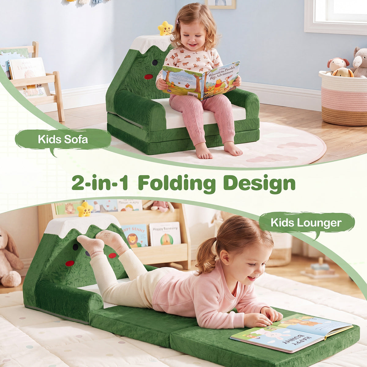 2-in-1 Convertible Kids Sofa to Lounger with Removable Cover and Christmas Patterns-Green