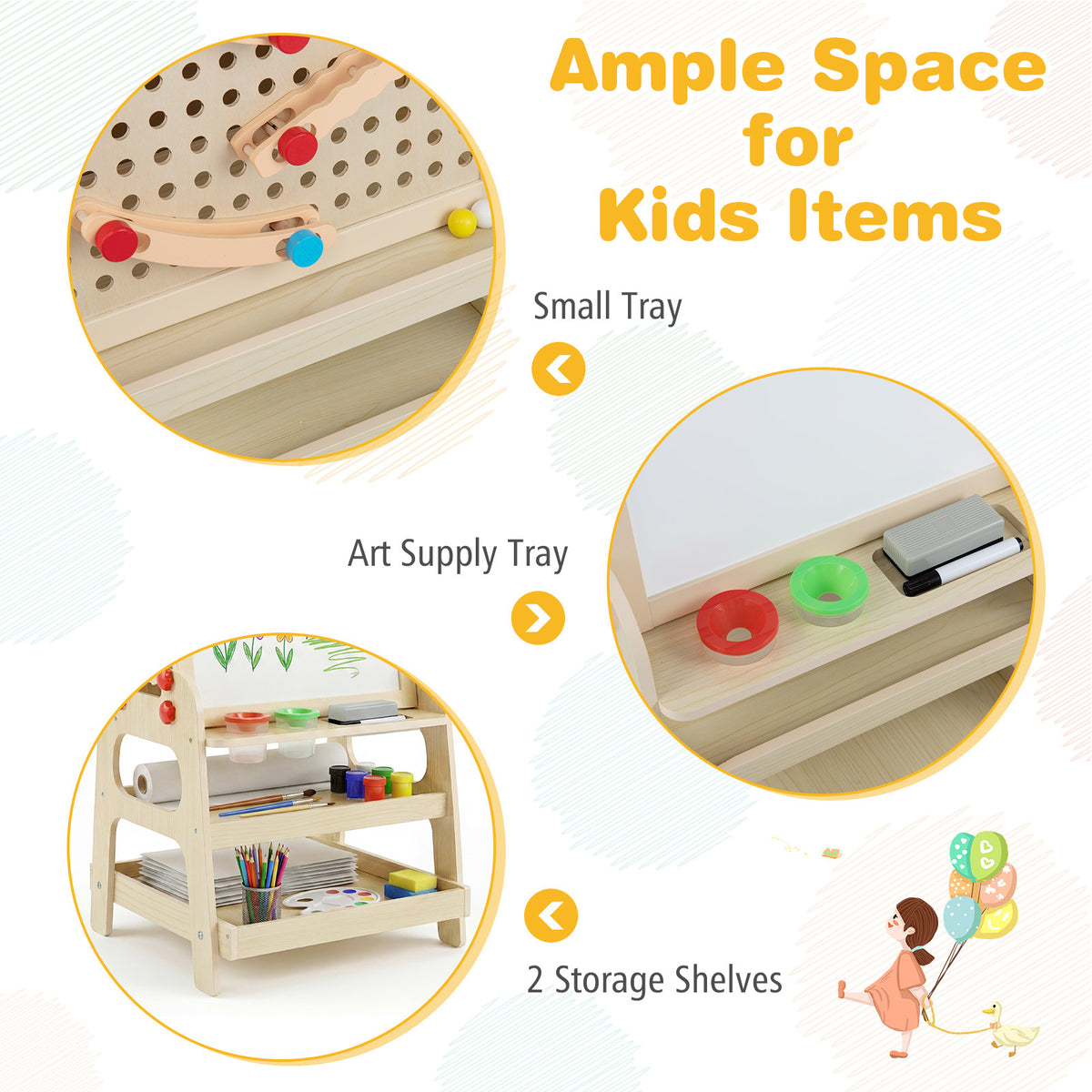 2-in-1 Wooden Easel for Kids with Magnetic Whiteboard and Marble Run Game-Natrual