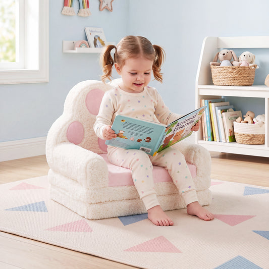 A young girl sits reading a book on the pink kids sofa lounger in a nursery room