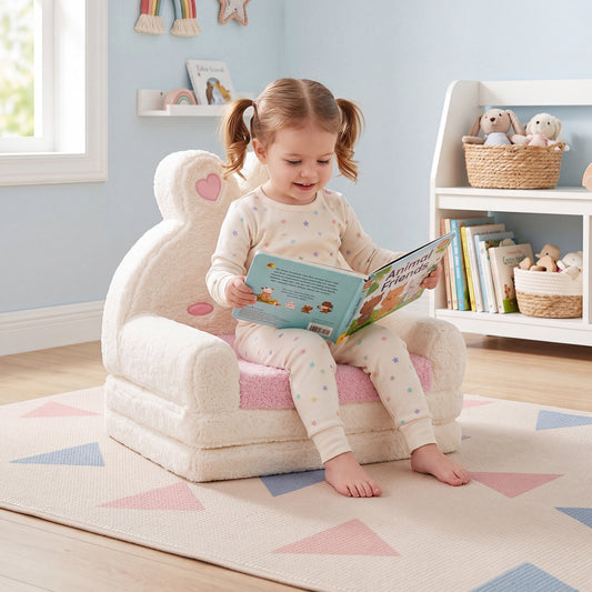 Young girl reading a book while sitting on the fluffy bunny kids chair unfolded into a lounger