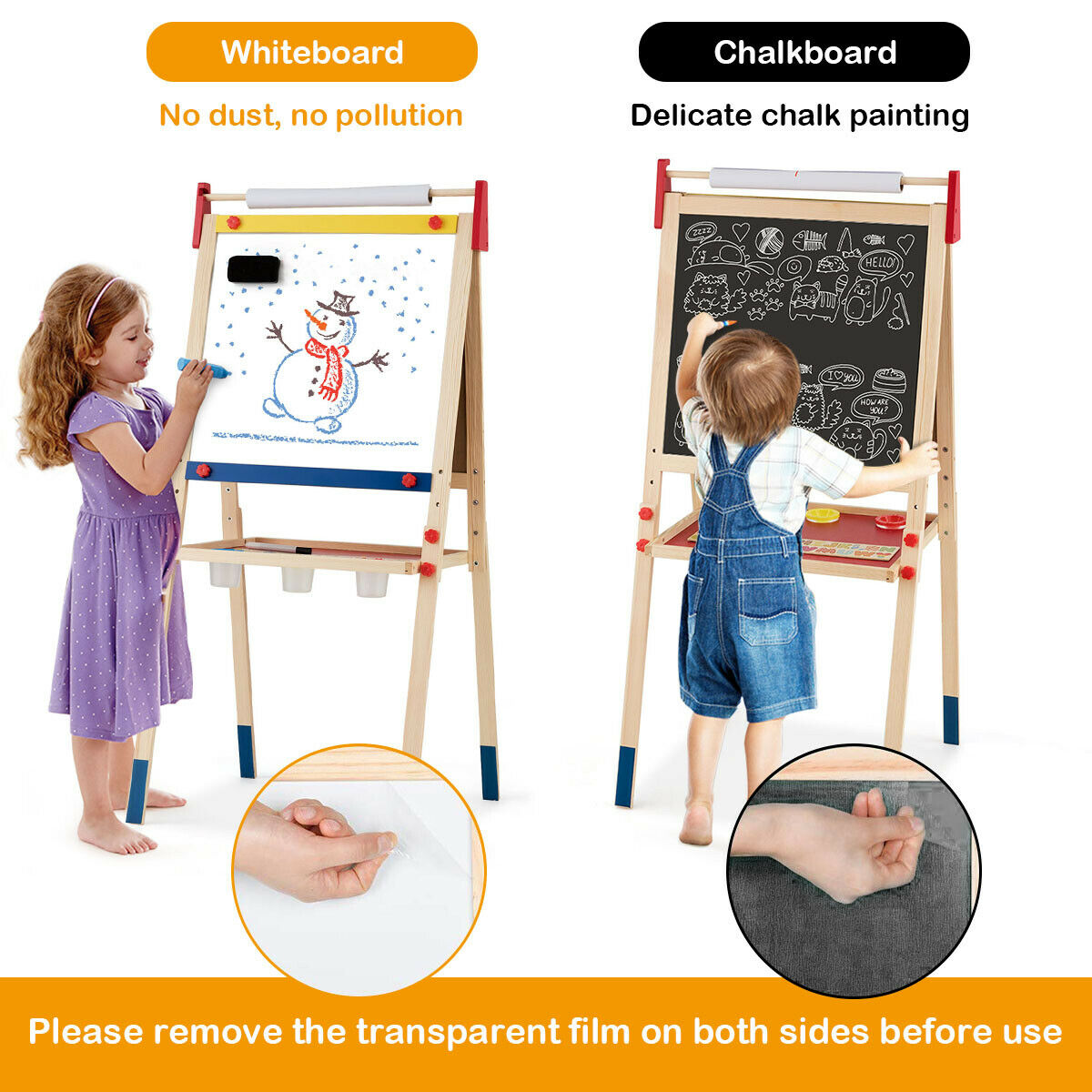 A child drawing on the whiteboard side and another on the chalkboard side of the art easel