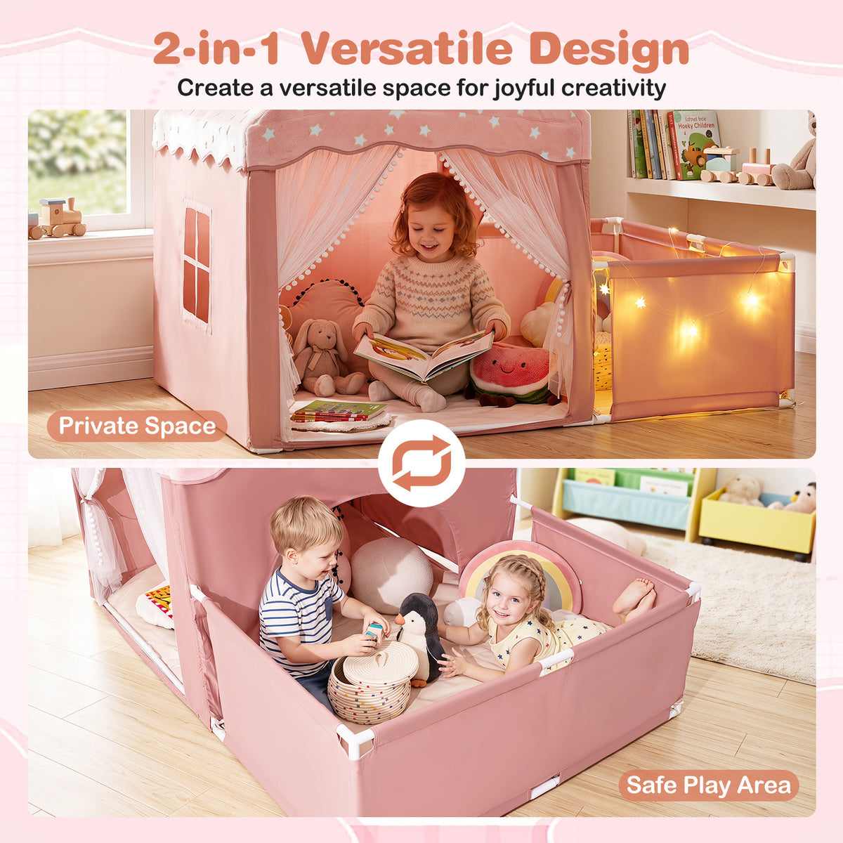 The pink kids play tent and attachable side playpen shown with two different configurations
