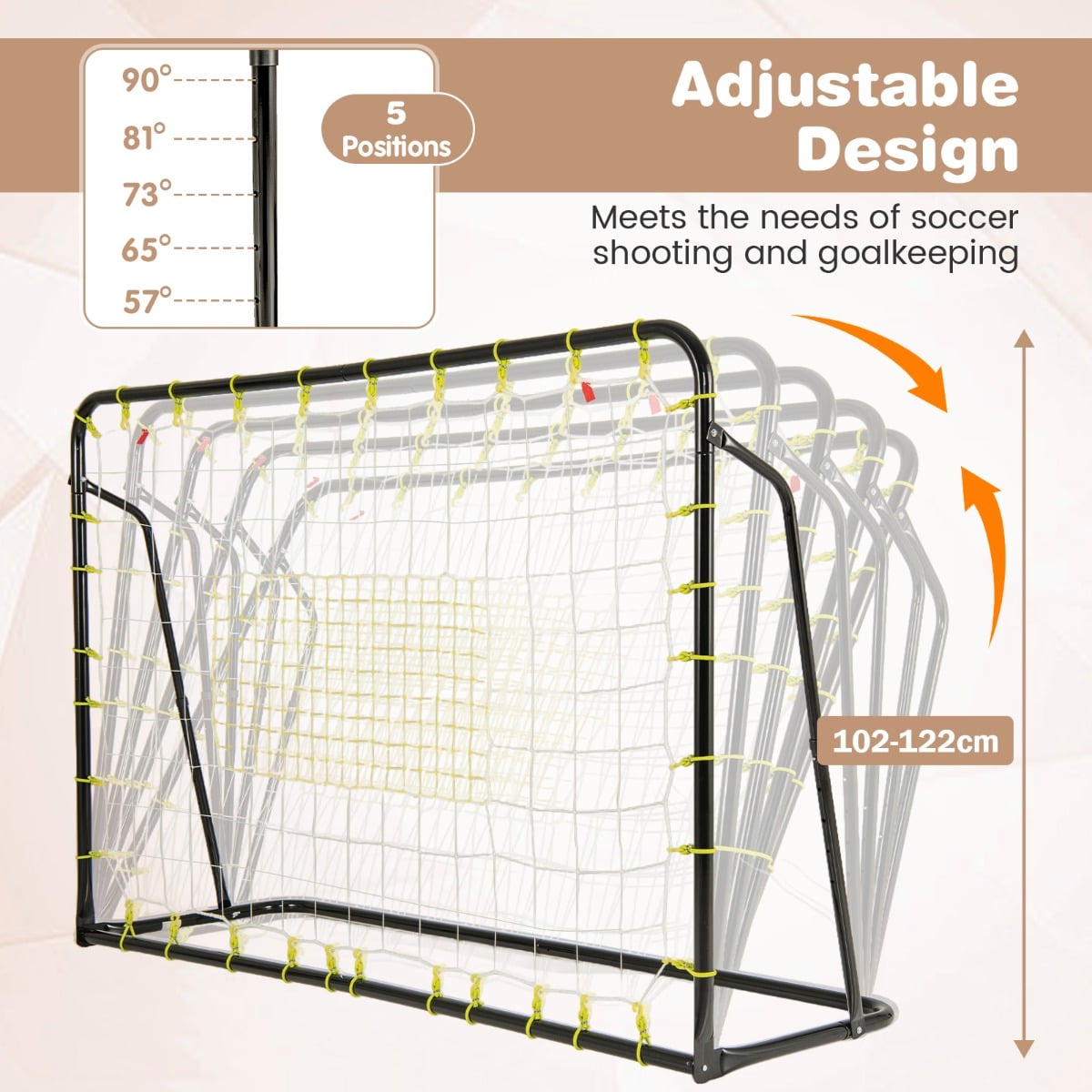 Black soccer rebounder and goal with adjustable angles shown in multiple positions