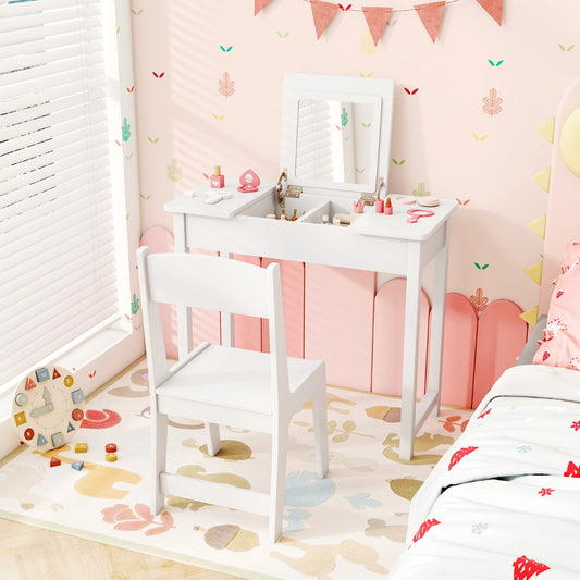 The kids vanity table and chair set in a child's bedroom with toys and decorations