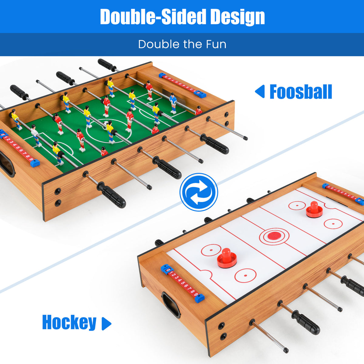 The game board demonstrating the double-sided design for switching between foosball and hockey