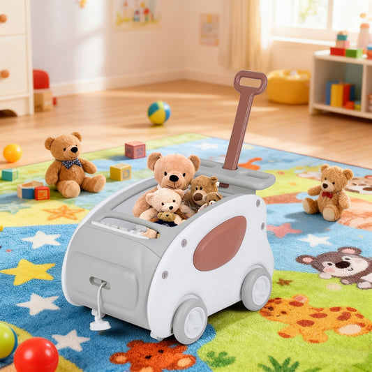 The grey baby walker is on a colourful rug filled with toys
