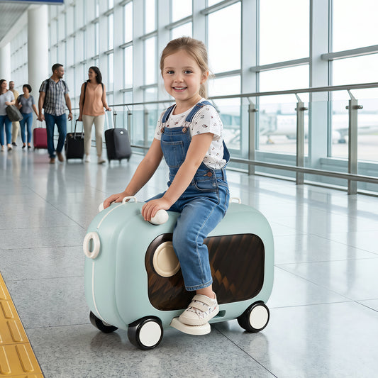 Child riding the blue kids suitcase with retractable pedal and strap in an airport