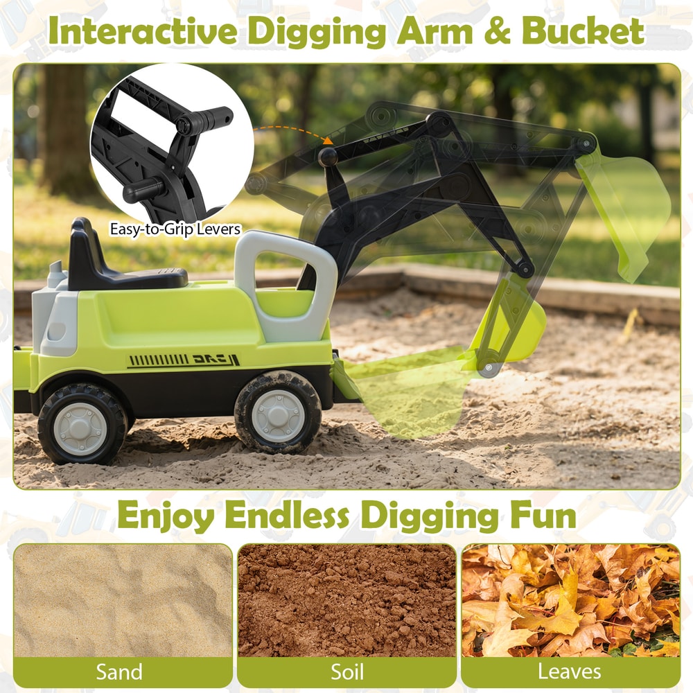 Close up of the interactive digging arm and bucket of the ride on push car