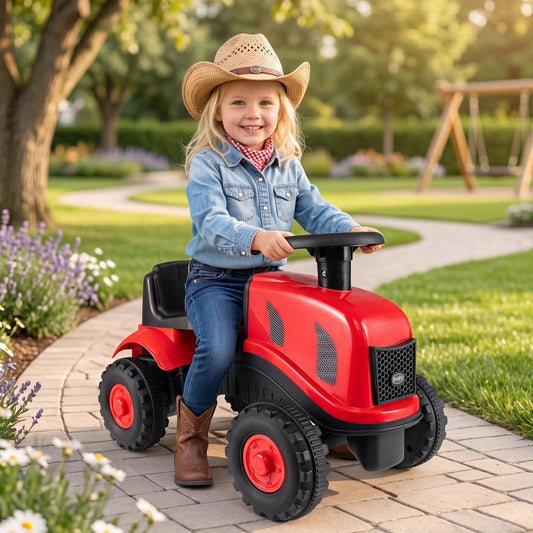 The ride on toy being used by a child in a garden setting on a paved path